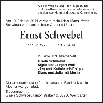 Traueranzeige von Ernst Schwebel von Echo-Zeitungen (Gesamtausgabe)