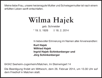 Traueranzeige von Wilma Hajek von Echo-Zeitungen (Gesamtausgabe)