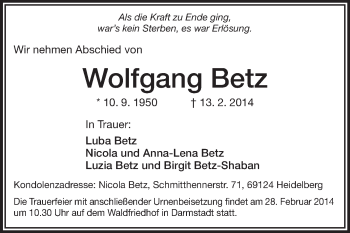 Traueranzeige von Wolfgang Betz von Echo-Zeitungen (Gesamtausgabe)