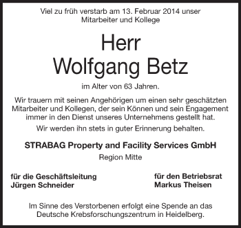 Traueranzeige von Wolfgang Betz von Echo-Zeitungen (Gesamtausgabe)