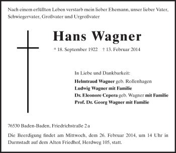 Traueranzeige von Hans Wagner von Echo-Zeitungen (Gesamtausgabe)