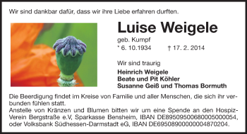 Traueranzeige von Luise Weigele von Starkenburger Echo