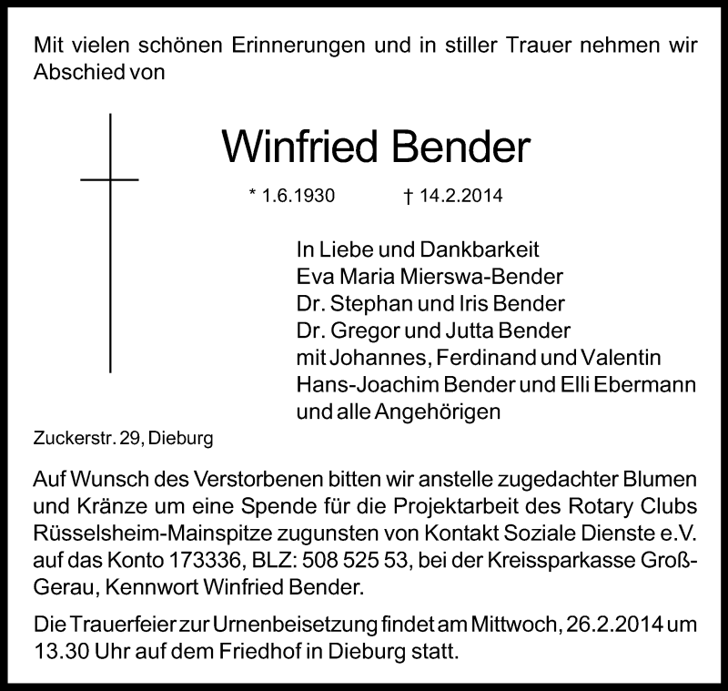  Traueranzeige für Winfried Bender vom 22.02.2014 aus Echo-Zeitungen (Gesamtausgabe)