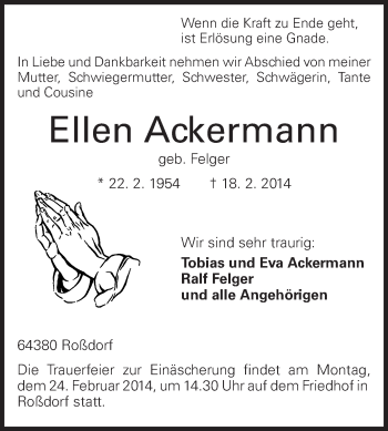 Traueranzeige von Ellen Ackermann von Echo-Zeitungen (Gesamtausgabe)