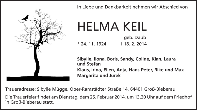  Traueranzeige für Helma Keil vom 22.02.2014 aus Echo-Zeitungen (Gesamtausgabe)