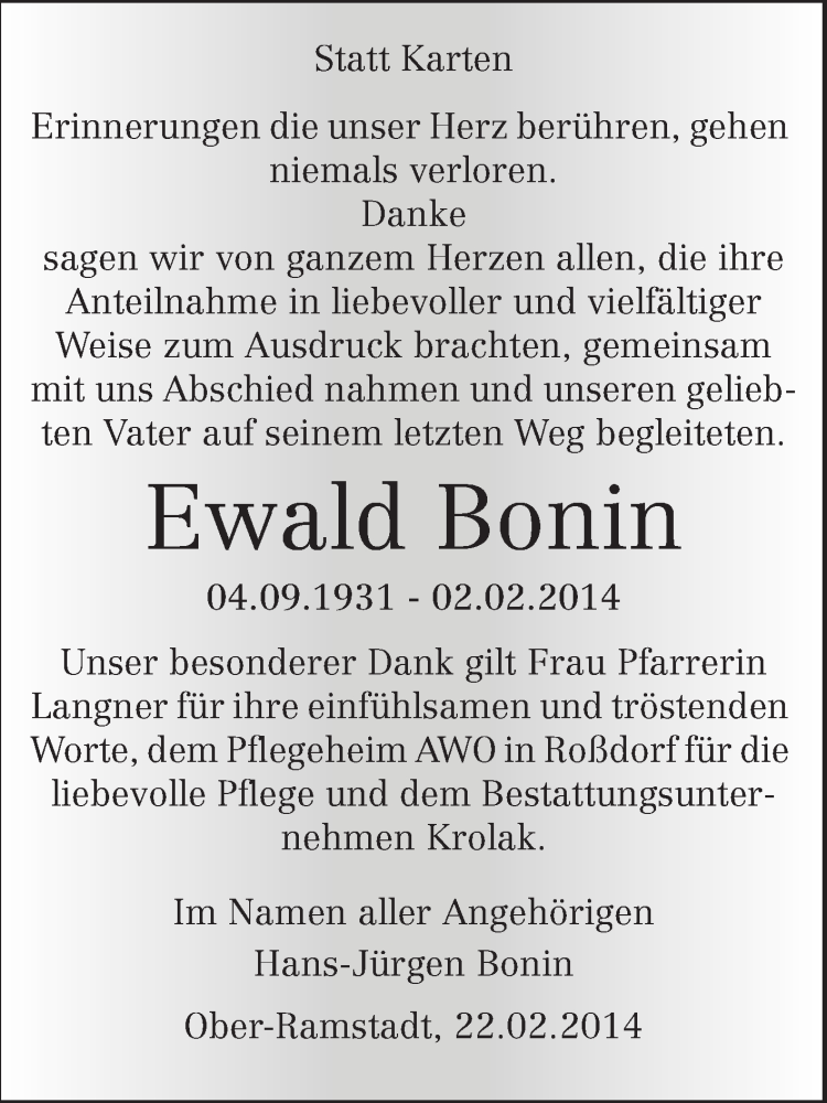  Traueranzeige für Ewald Bonin vom 22.02.2014 aus Echo-Zeitungen (Gesamtausgabe)