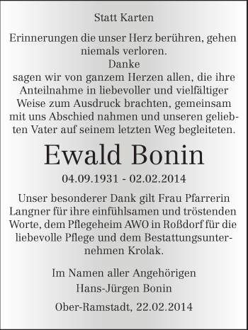 Traueranzeige von Ewald Bonin von Echo-Zeitungen (Gesamtausgabe)
