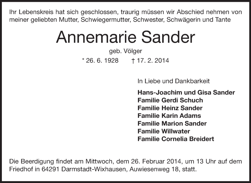  Traueranzeige für Annemarie Sander vom 22.02.2014 aus Echo-Zeitungen (Gesamtausgabe)