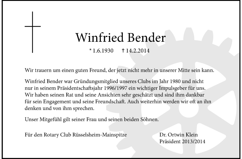  Traueranzeige für Winfried Bender vom 22.02.2014 aus Rüsselsheimer Echo, Groß-Gerauer-Echo, Ried Echo