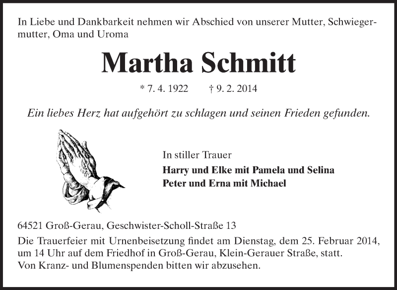  Traueranzeige für Martha Schmitt vom 22.02.2014 aus Rüsselsheimer Echo, Groß-Gerauer-Echo, Ried Echo