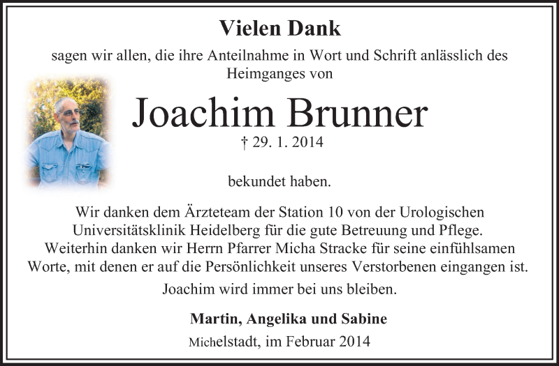  Traueranzeige für Joachim Brunner vom 22.02.2014 aus Odenwälder Echo