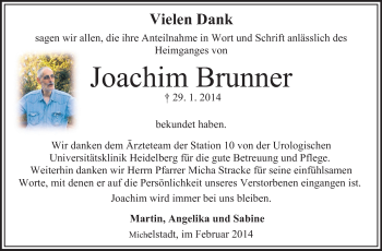 Traueranzeige von Joachim Brunner von Odenwälder Echo
