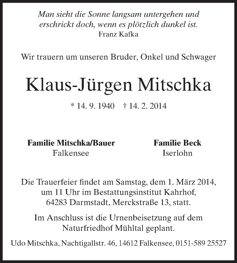  Traueranzeige für Klaus-Jürgen Mitschka vom 22.02.2014 aus Echo-Zeitungen (Gesamtausgabe)