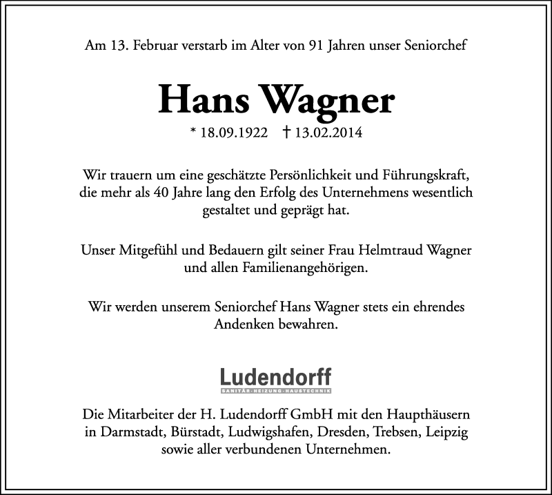  Traueranzeige für Hans Wagner vom 22.02.2014 aus Echo-Zeitungen (Gesamtausgabe)