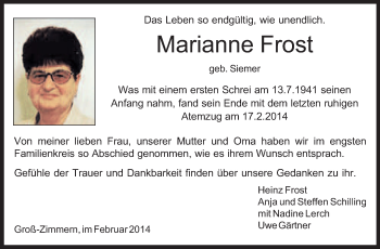 Traueranzeige von Marianne Frost von Echo-Zeitungen (Gesamtausgabe)