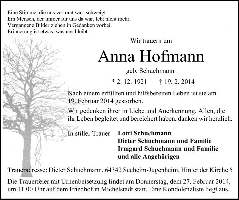  Traueranzeige für Anna Hofmann vom 22.02.2014 aus Odenwälder Echo