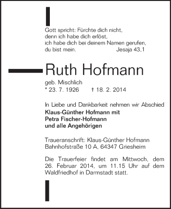 Traueranzeige von Ruth Hofmann von Echo-Zeitungen (Gesamtausgabe)