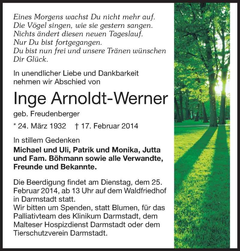  Traueranzeige für Inge Arnoldt-Werner vom 22.02.2014 aus Echo-Zeitungen (Gesamtausgabe)