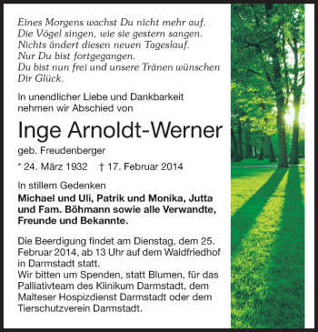 Traueranzeige von Inge Arnoldt-Werner von Echo-Zeitungen (Gesamtausgabe)