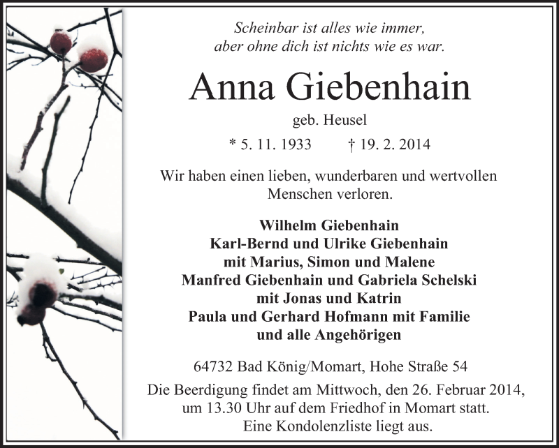  Traueranzeige für Anna Giebenhain vom 22.02.2014 aus Odenwälder Echo