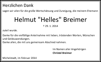 Traueranzeige von Helmut Breimer von Odenwälder Echo