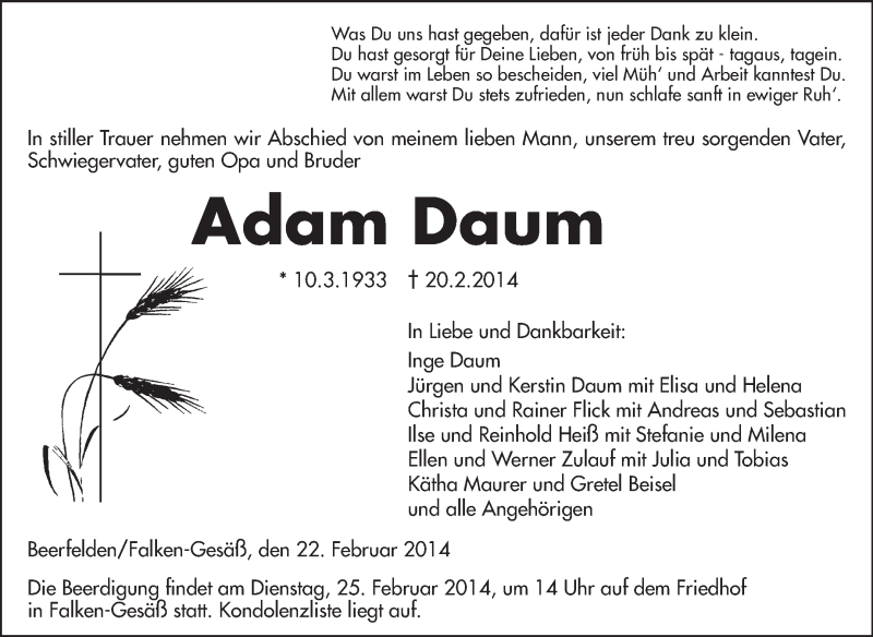  Traueranzeige für Adam Daum vom 22.02.2014 aus Odenwälder Echo