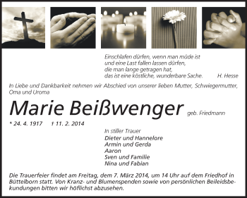 Traueranzeige von Marie Beißwenger von Rüsselsheimer Echo, Groß-Gerauer-Echo, Ried Echo