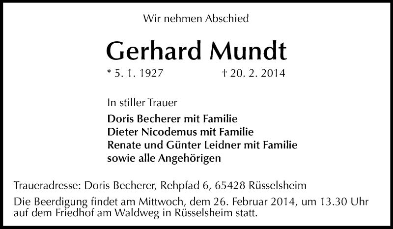  Traueranzeige für Gerhard Mundt vom 22.02.2014 aus Rüsselsheimer Echo, Groß-Gerauer-Echo, Ried Echo