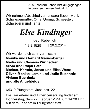 Traueranzeige von Else Kindinger von Echo-Zeitungen (Gesamtausgabe)
