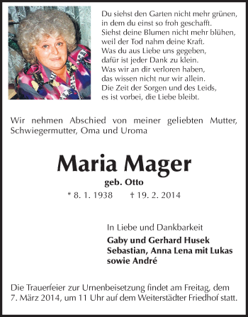 Traueranzeige von Marie Mager von Echo-Zeitungen (Gesamtausgabe)