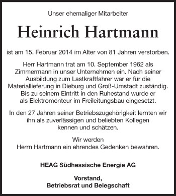 Traueranzeige von Heinrich Hartmann von Echo-Zeitungen (Gesamtausgabe)