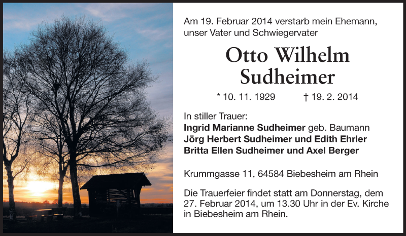  Traueranzeige für Otto Wilhelm Sudheimer vom 24.02.2014 aus Rüsselsheimer Echo, Groß-Gerauer-Echo, Ried Echo