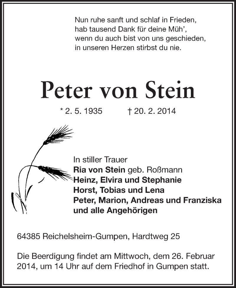  Traueranzeige für Peter von Stein vom 24.02.2014 aus Echo-Zeitungen (Gesamtausgabe)