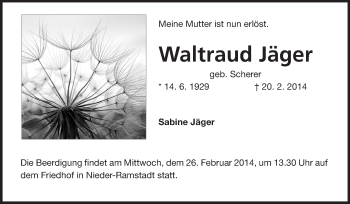 Traueranzeige von Waltraud Jäger von Echo-Zeitungen (Gesamtausgabe)