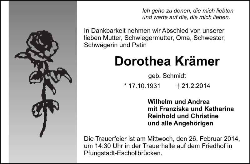  Traueranzeige für Dorothea Krämer vom 24.02.2014 aus Echo-Zeitungen (Gesamtausgabe)