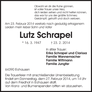 Traueranzeige von Lutz Schrapel von Echo-Zeitungen (Gesamtausgabe)