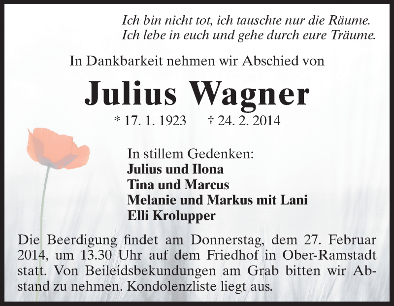  Traueranzeige für Julius Wagner vom 27.02.2014 aus Darmstädter Echo, Odenwälder Echo, Rüsselsheimer Echo, Groß-Gerauer-Echo, Ried Echo