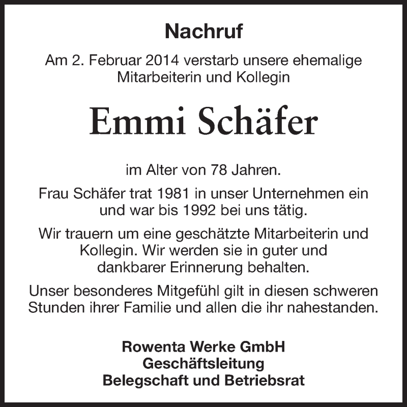  Traueranzeige für Emmi Schäfer vom 26.02.2014 aus Odenwälder Echo