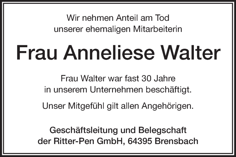  Traueranzeige für Anneliese Walter vom 25.02.2014 aus Echo-Zeitungen (Gesamtausgabe)