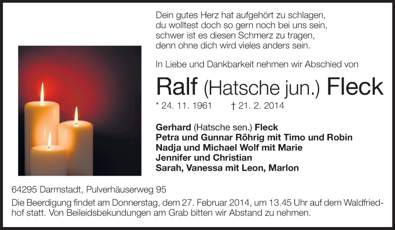 Traueranzeige für Ralf Fleck vom 25.02.2014 aus Echo-Zeitungen (Gesamtausgabe)