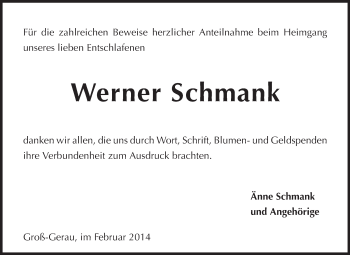 Traueranzeige von Werner Schmank von Rüsselsheimer Echo, Groß-Gerauer-Echo, Ried Echo