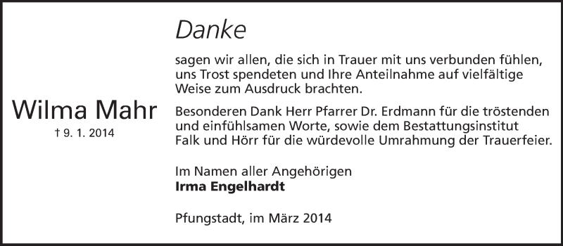 Traueranzeige für Wilma Mahr vom 01.03.2014 aus Echo-Zeitungen (Gesamtausgabe)