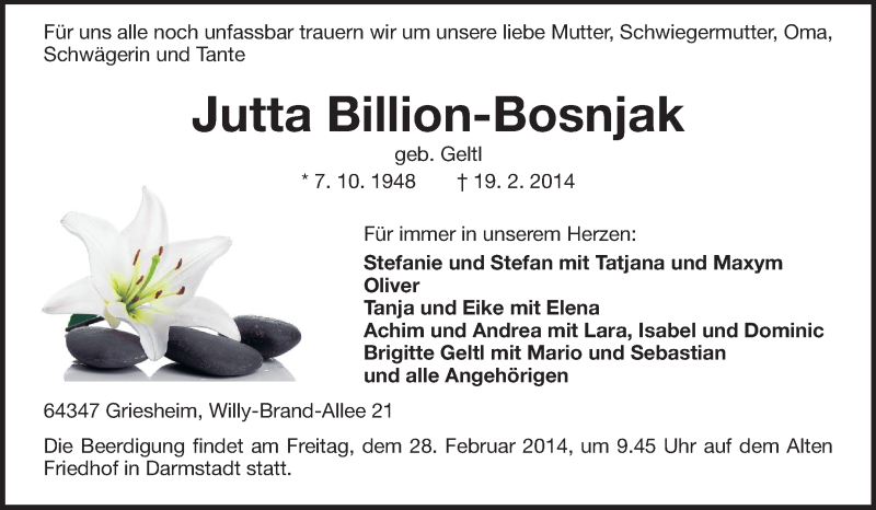  Traueranzeige für Jutta Billion-Bosnjak vom 26.02.2014 aus Echo-Zeitungen (Gesamtausgabe)