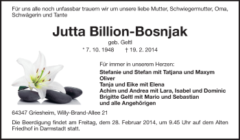 Traueranzeige von Jutta Billion-Bosnjak von Echo-Zeitungen (Gesamtausgabe)