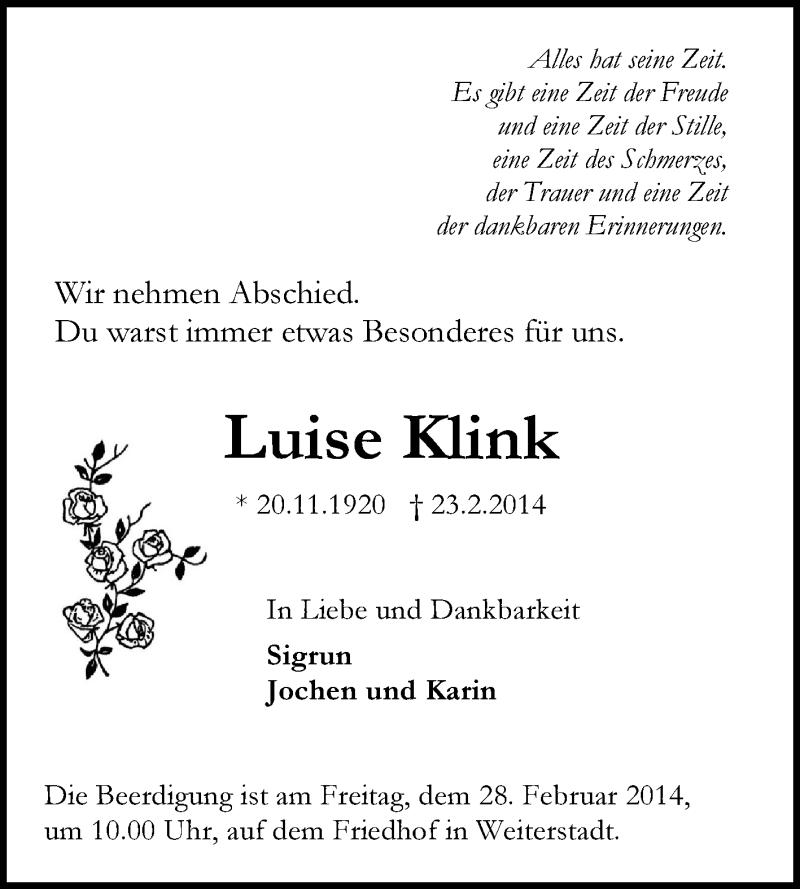  Traueranzeige für Luise Klink vom 26.02.2014 aus Echo-Zeitungen (Gesamtausgabe)