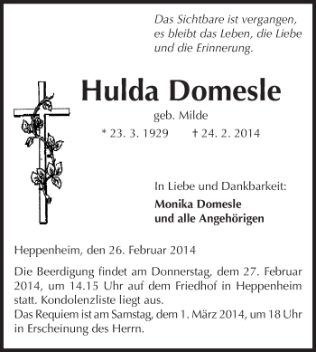 Traueranzeige von Hulda Domesle von Starkenburger Echo, Bergsträßer Anzeiger