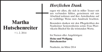 Traueranzeige von Martha Hutschenreiter von Rüsselsheimer Echo, Groß-Gerauer-Echo, Ried Echo
