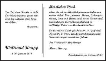 Traueranzeige von Waltraud Knapp von Starkenburger Echo