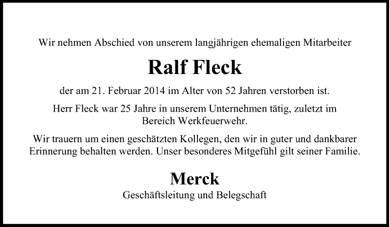  Traueranzeige für Ralf Fleck vom 28.02.2014 aus Echo-Zeitungen (Gesamtausgabe)