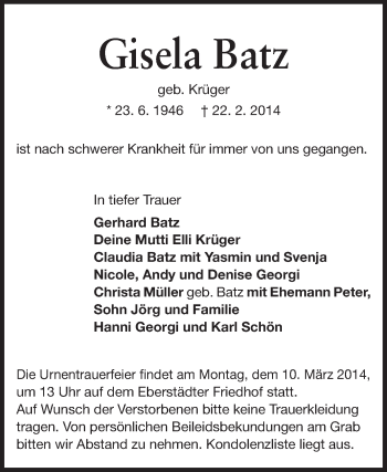 Traueranzeige von Gisela Batz von Echo-Zeitungen (Gesamtausgabe)